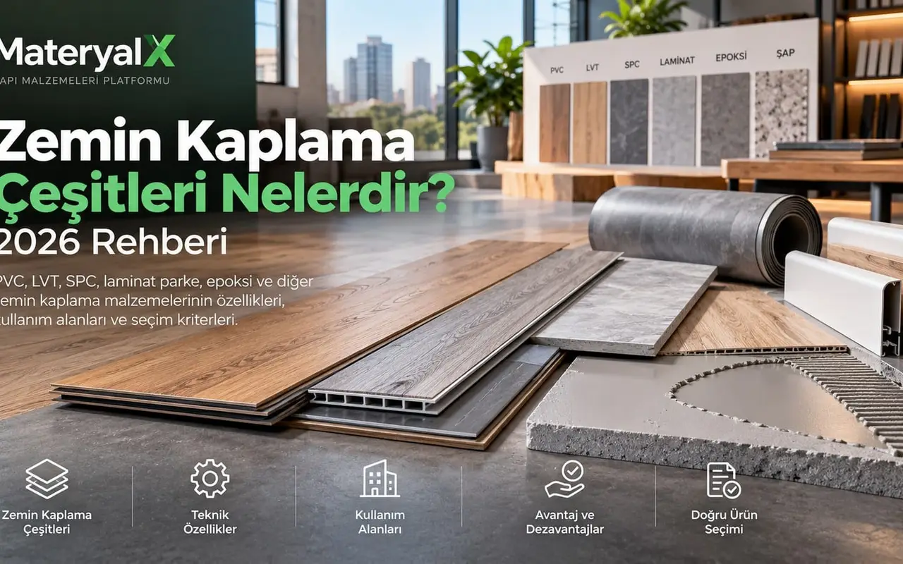 PVC, LVT, SPC, laminat parke, epoksi ve diğer zemin kaplama çeşitlerini gösteren MateryalX 2026 zemin kaplama rehberi görseli.