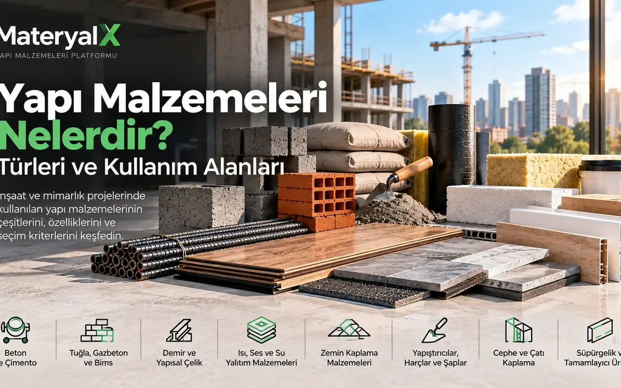 Beton, çimento, tuğla, demir, yalıtım ve zemin kaplama ürünleriyle yapı malzemeleri çeşitlerini gösteren MateryalX rehberi görseli.