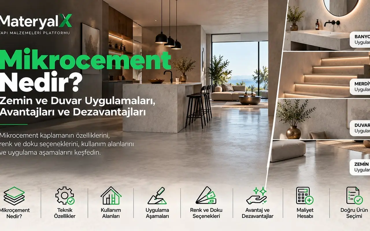 Mikrocement zemin ve duvar kaplama örnekleri; modern iç mekânda derzsiz beton görünümlü yüzeyler, banyo ve merdiven mikrocement uygulamaları.