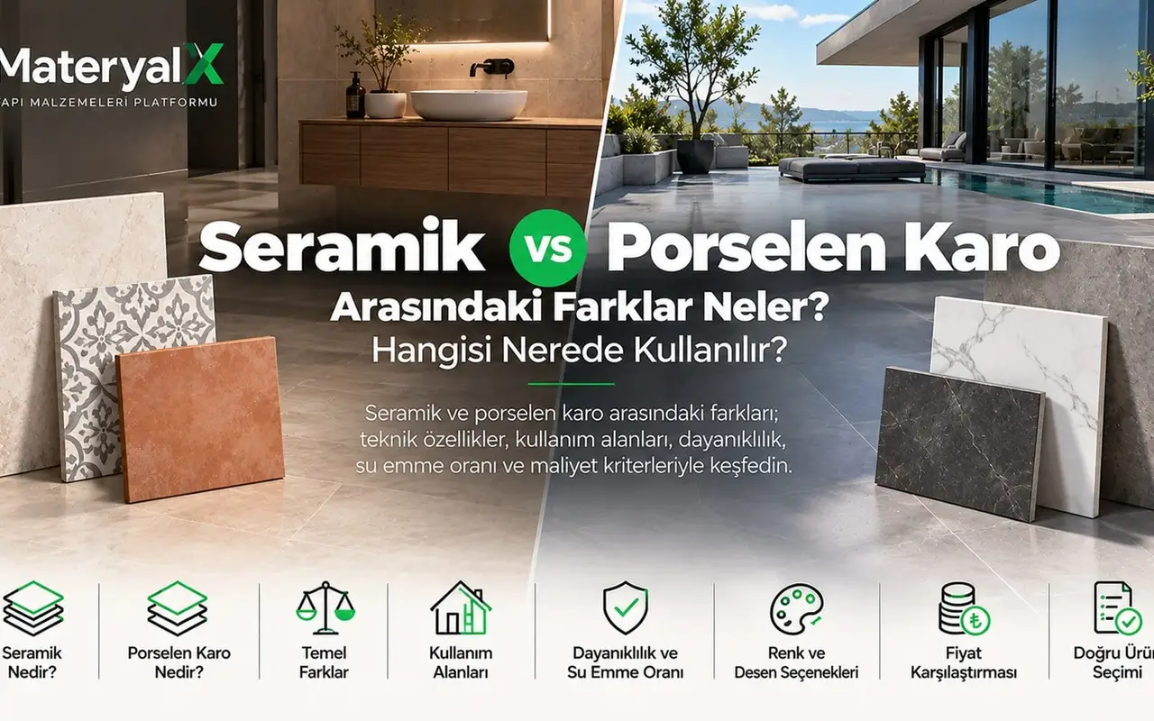Seramik ve porselen karo arasındaki farklar; iç mekân seramik duvar ve yer karoları, dış mekân porselen karo uygulaması ve farklı renk ve desen örnekl