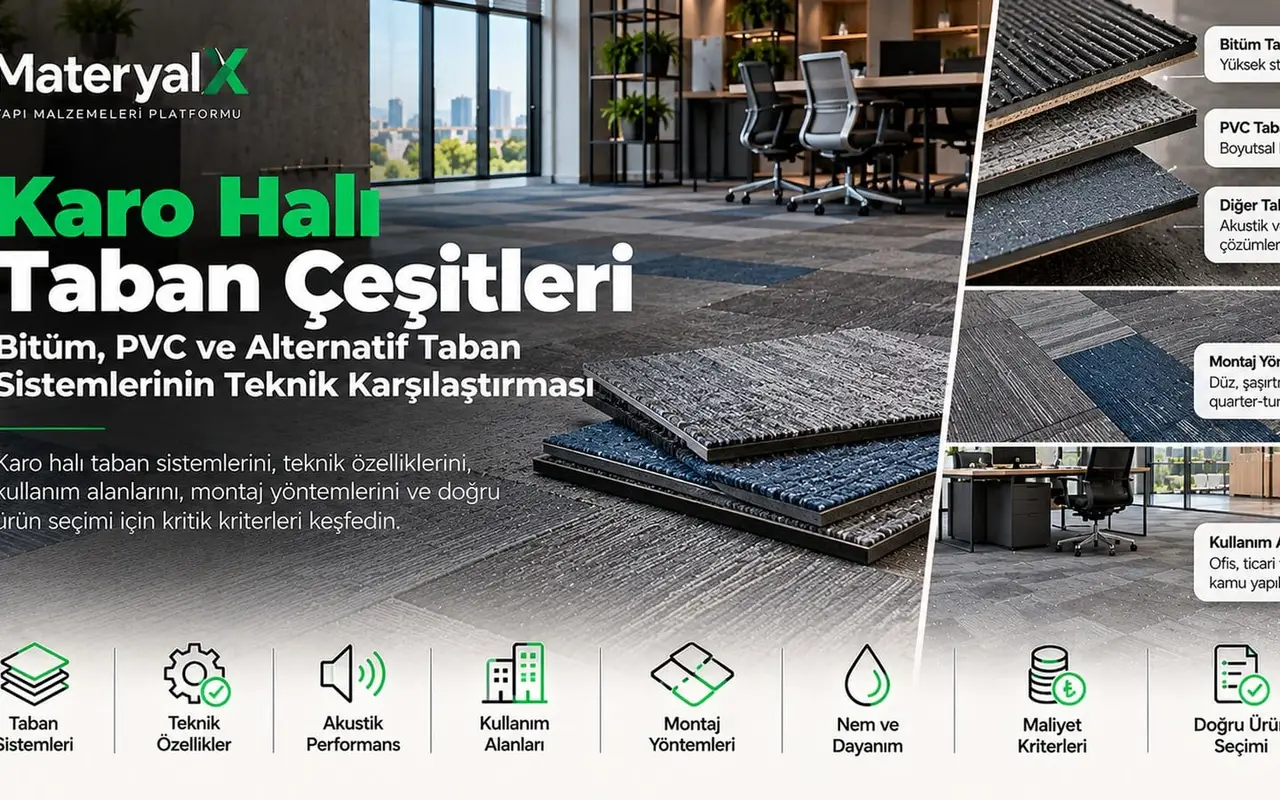 Karo halı taban çeşitleri ve teknik özellikleri; bitüm, PVC ve alternatif taban sistemleri, katman yapıları, akustik performans ve montaj yöntemleri.