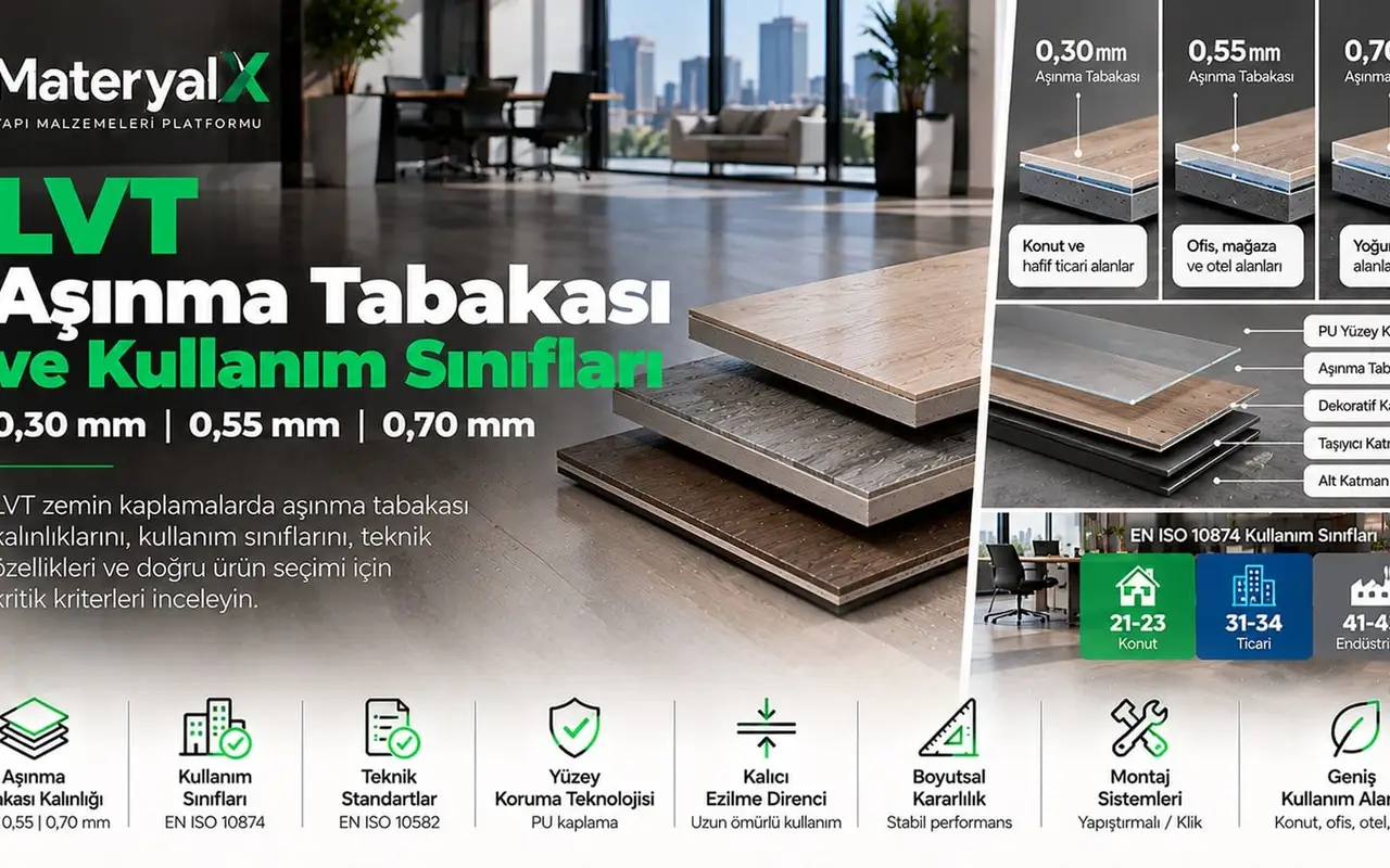LVT zemin kaplamada 0,30 mm, 0,55 mm ve 0,70 mm aşınma tabakası karşılaştırması, katman yapısı ve EN ISO 10874 kullanım sınıfları.