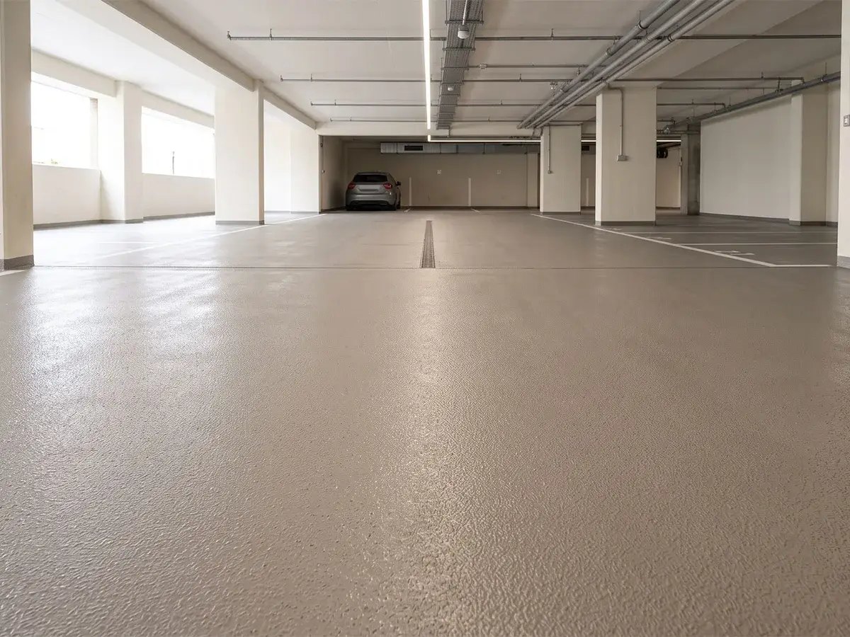 kapalı otopark alanı, epoksi portal kabuğu uygulanmış sıcak gri tonlar