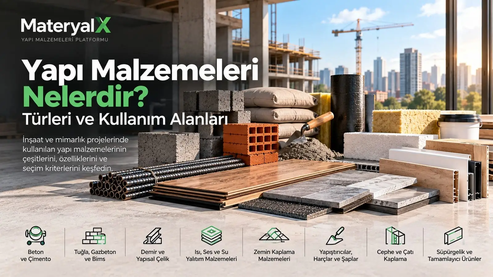 Beton, çimento, tuğla, demir, yalıtım ve zemin kaplama ürünleriyle yapı malzemeleri çeşitlerini gösteren MateryalX rehberi görseli.
