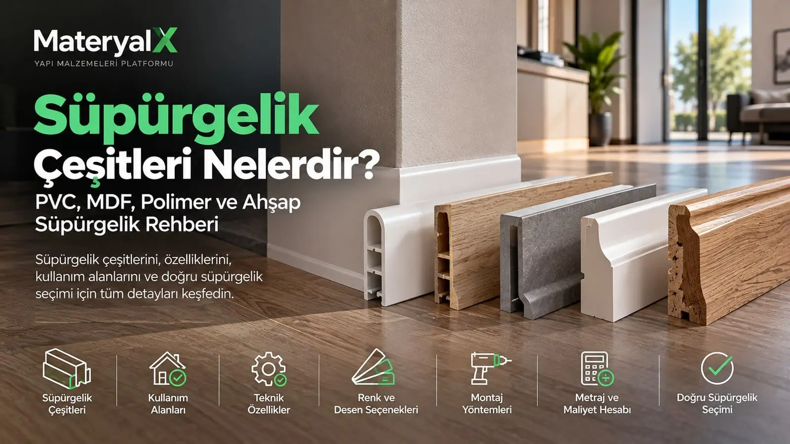PVC, MDF, polimer ve ahşap süpürgelik çeşitleri, profil örnekleri ve modern iç mekanda süpürgelik uygulaması.