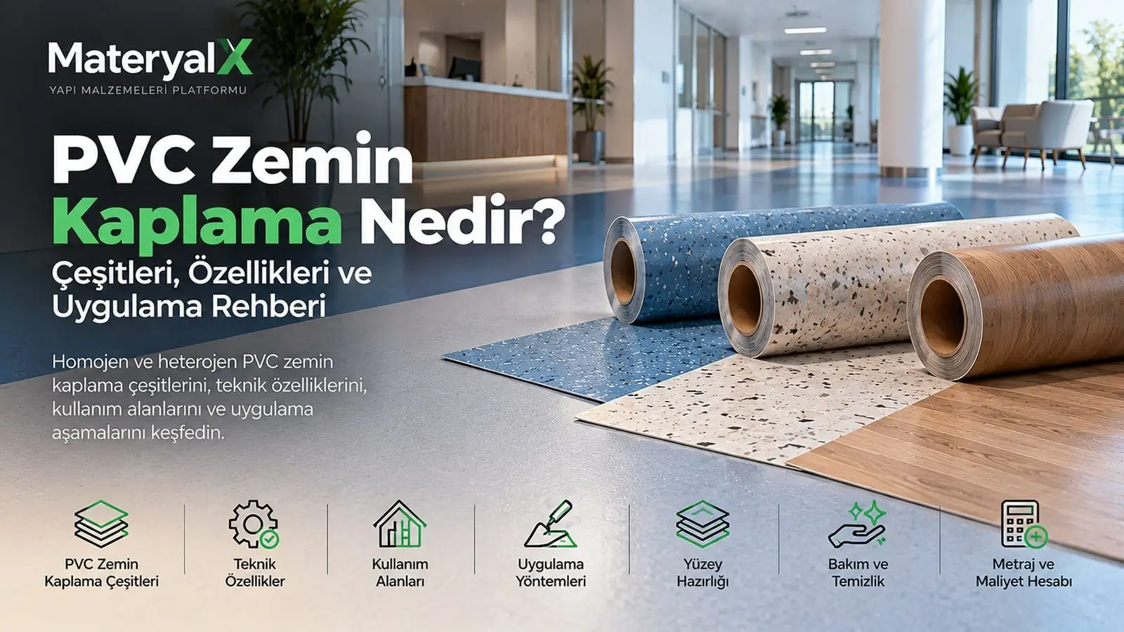 Homojen ve heterojen PVC zemin kaplama ruloları, farklı renk ve desen örnekleri ile ticari alanlarda PVC zemin uygulaması.
