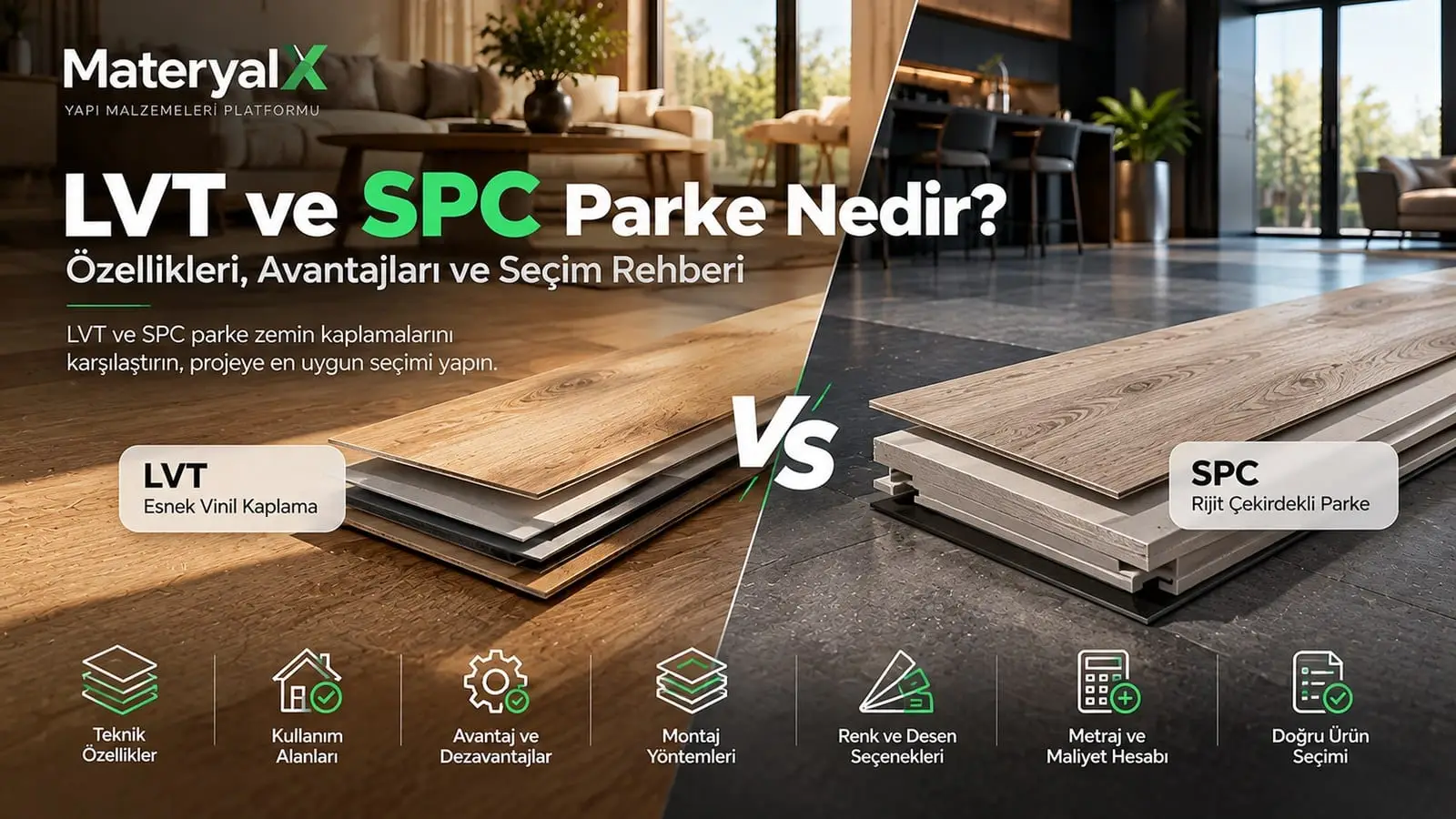LVT ve SPC parke karşılaştırması, esnek vinil LVT ve rijit çekirdekli SPC zemin kaplama katmanları, ahşap desenleri ve kullanım alanları.