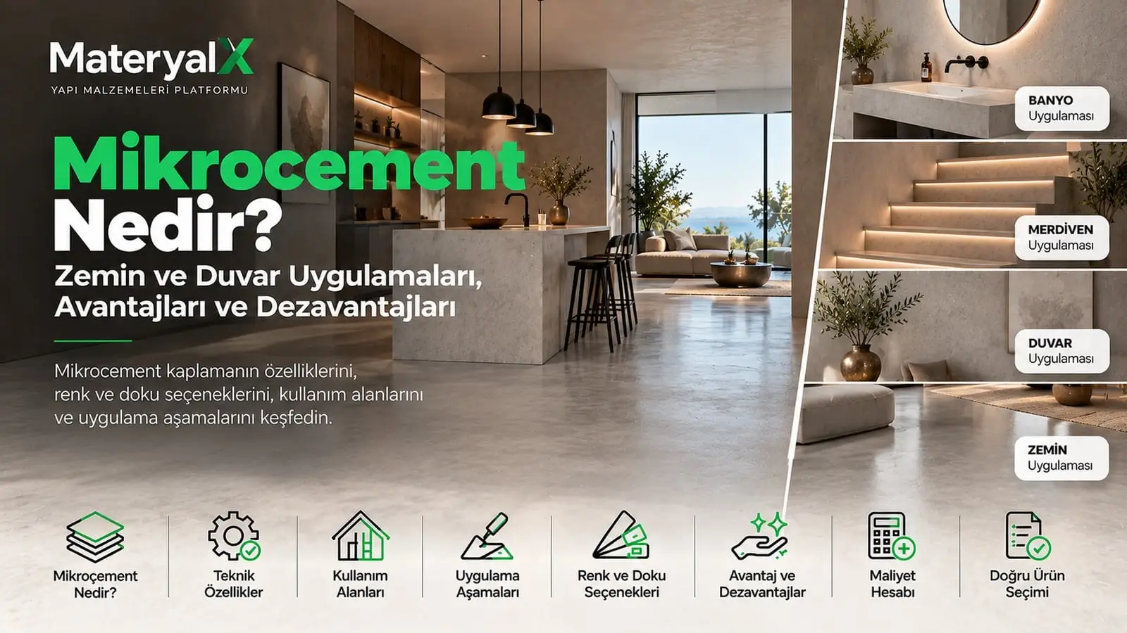 Mikrocement zemin ve duvar kaplama örnekleri; modern iç mekânda derzsiz beton görünümlü yüzeyler, banyo ve merdiven mikrocement uygulamaları.
