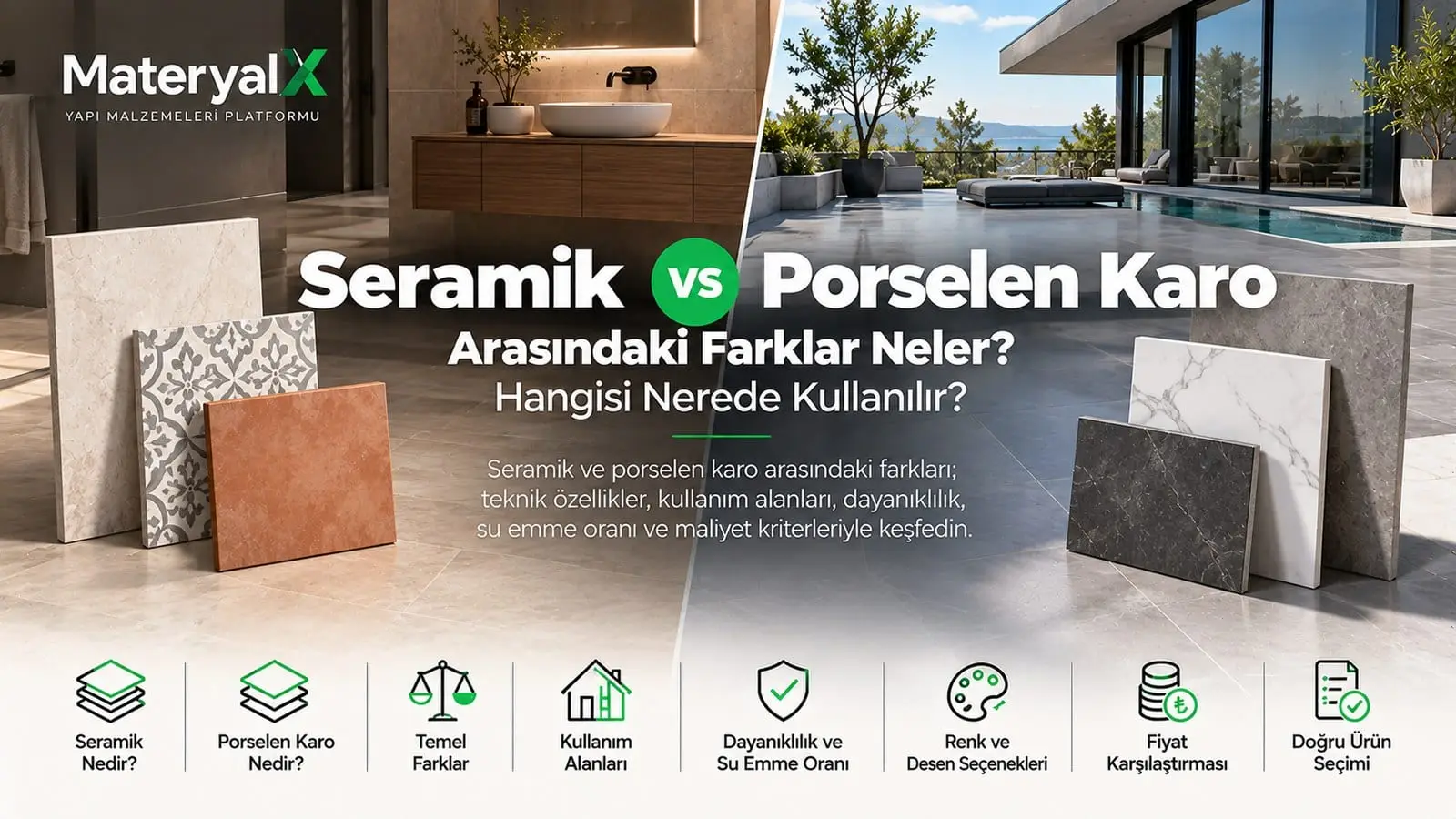 Seramik ve porselen karo arasındaki farklar; iç mekân seramik duvar ve yer karoları, dış mekân porselen karo uygulaması ve farklı renk ve desen örnekl